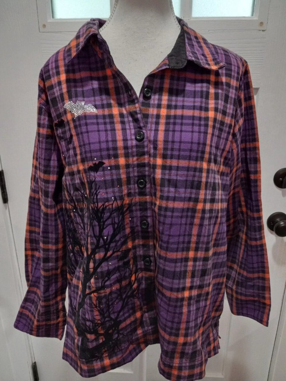 Krazy Kat Women Halloween Button Up Shirt Plaid Size Large Bats